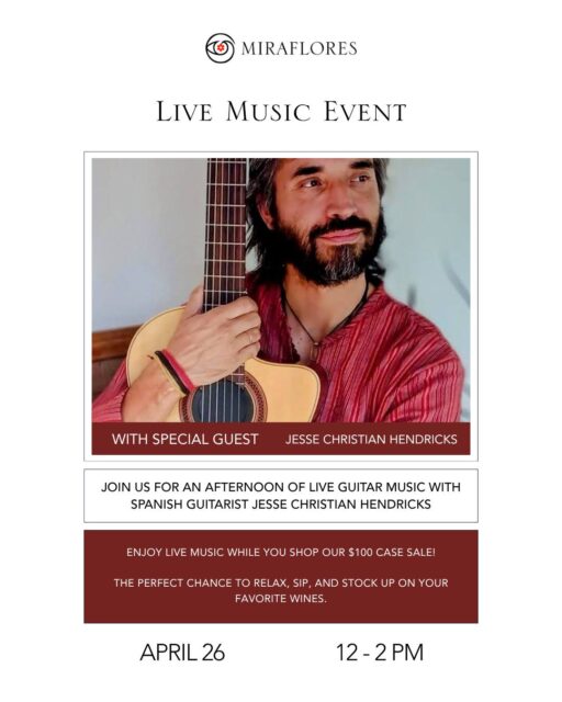 Join us for an afternoon of live music at Miraflores! We&rsquo;re excited to welcome special guest Jesse Christian Hendricks for an intimate live guitar performance.

Sip, shop, and unwind while enjoying our $100 case sale, the perfect way to spend your afternoon.

🗓 April 26
⏰ 12&ndash;2 PM

Bring your friends, relax, and let the music set the mood. 🎸🍇

#MirafloresWinery