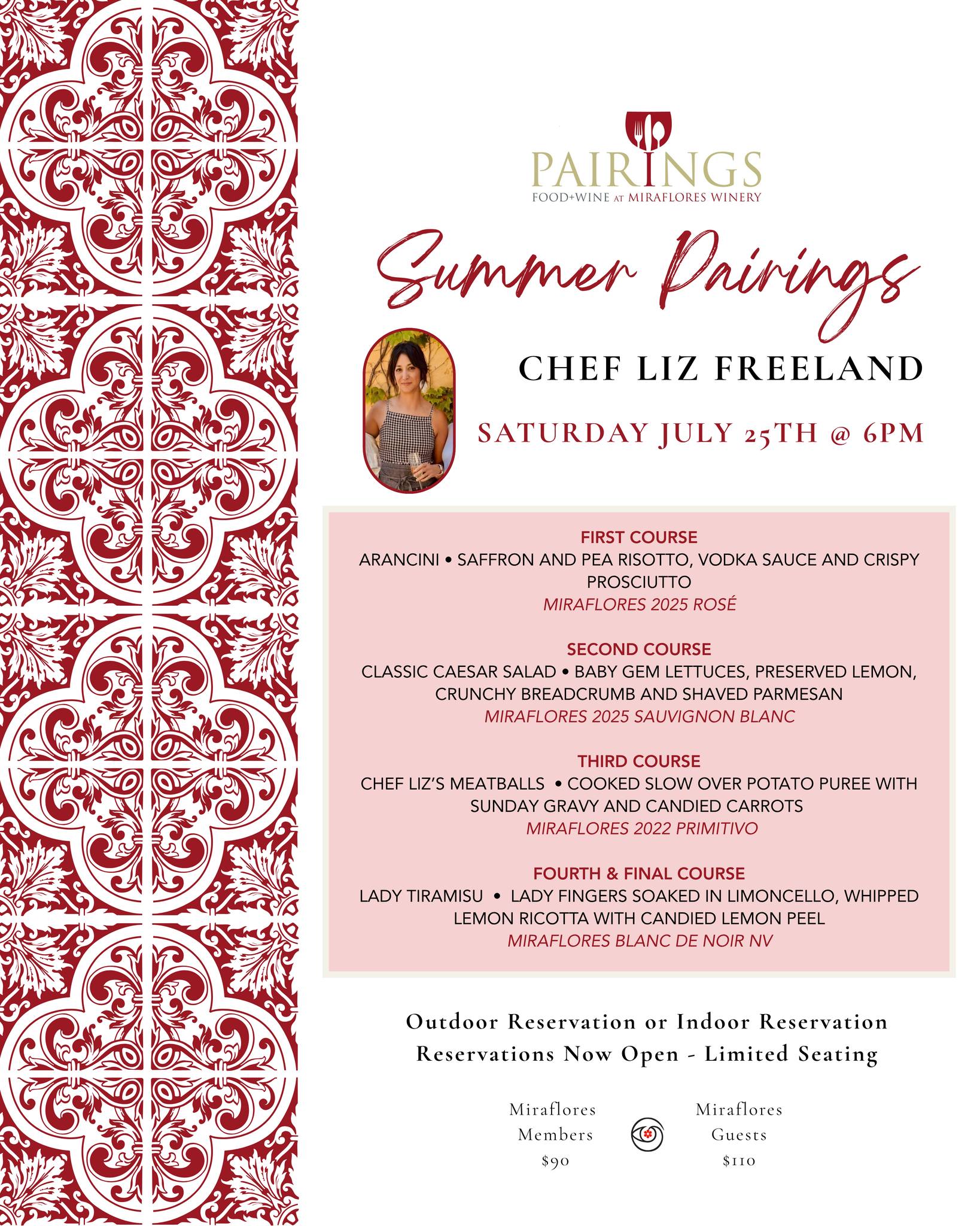 An unforgettable summer evening awaits. 🍷✨ Join us Saturday, July 25 at 6 PM for a four-course pairing dinner featuring Chef Liz Freeland, with every course perfectly paired with Miraflores wines.

✨ Limited seating available. Reserve your table today!

#MirafloresWinery
#SummerPairings 
#WineDinner 
#Placerville 
#ElDoradoWineCountry 
#CaliforniaWine 
#WinePairing