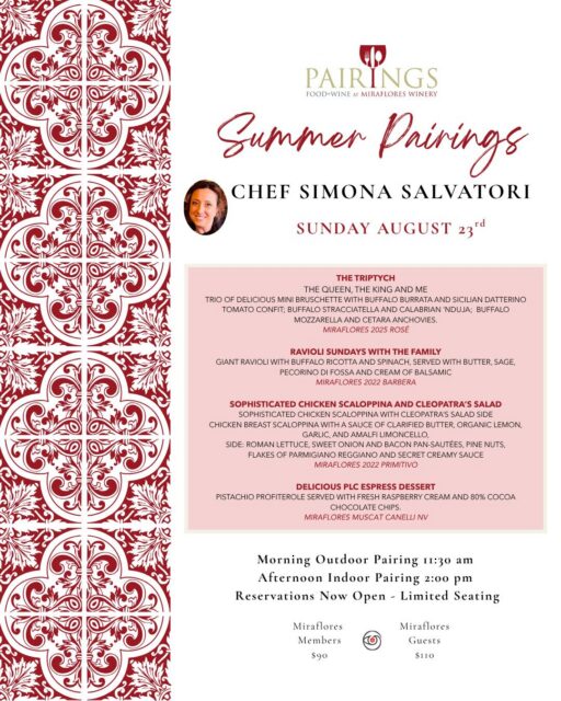 Summer Pairings returns to Miraflores on Sunday, August 23. Join Chef Simona Salvatori for a four-course food-and-wine experience inspired by the warmth and flavors of the season.

Choose the 11:30 a.m. outdoor seating or the 2:00 p.m. indoor seating. Space is limited&mdash;reserve your seat through the link in bio.

#MirafloresWinery #SierraFoothillsWine #WinePairing #ElDoradoWine #VisitCalifornia