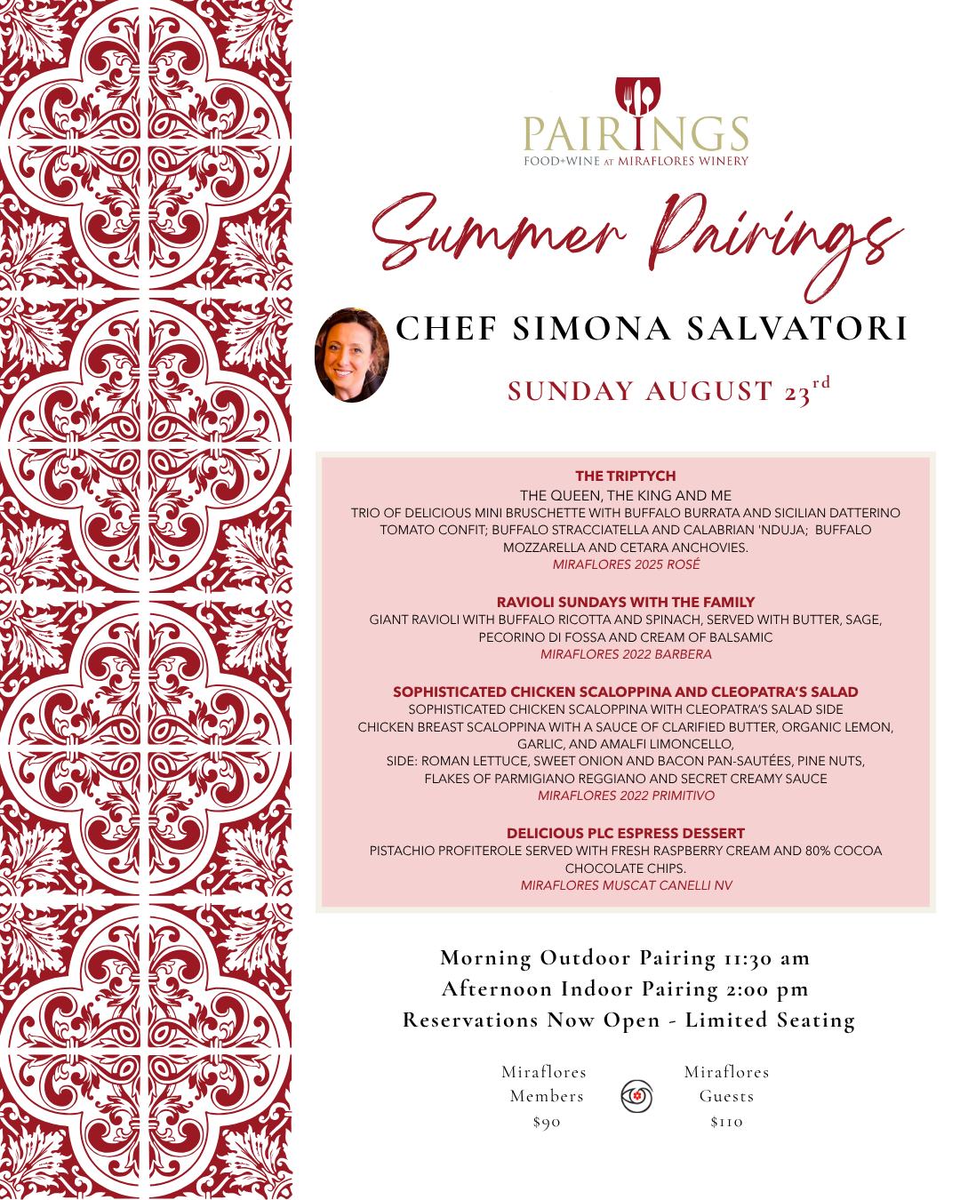 Summer Pairings returns to Miraflores on Sunday, August 23. Join Chef Simona Salvatori for a four-course food-and-wine experience inspired by the warmth and flavors of the season.

Choose the 11:30 a.m. outdoor seating or the 2:00 p.m. indoor seating. Space is limited&mdash;reserve your seat through the link in bio.

#MirafloresWinery #SierraFoothillsWine #WinePairing #ElDoradoWine #VisitCalifornia