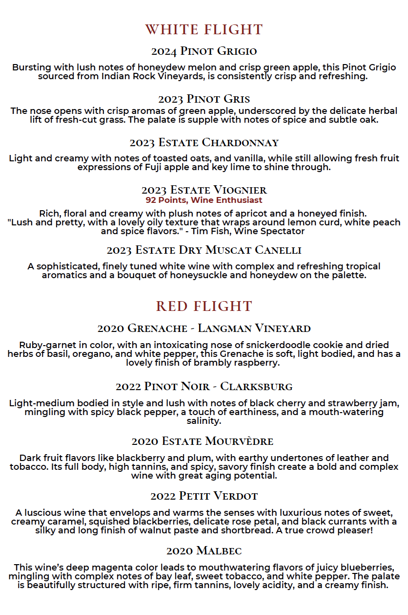 Miraflores Winery Menu Page 1 | Wine Tasting in El Dorado County