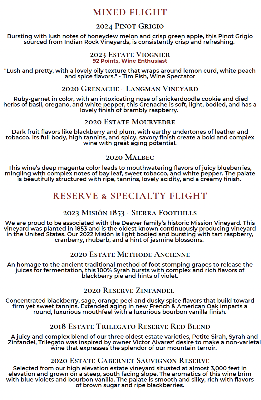 Miraflores Winery Menu Page 2 | Wine Tasting in El Dorado County