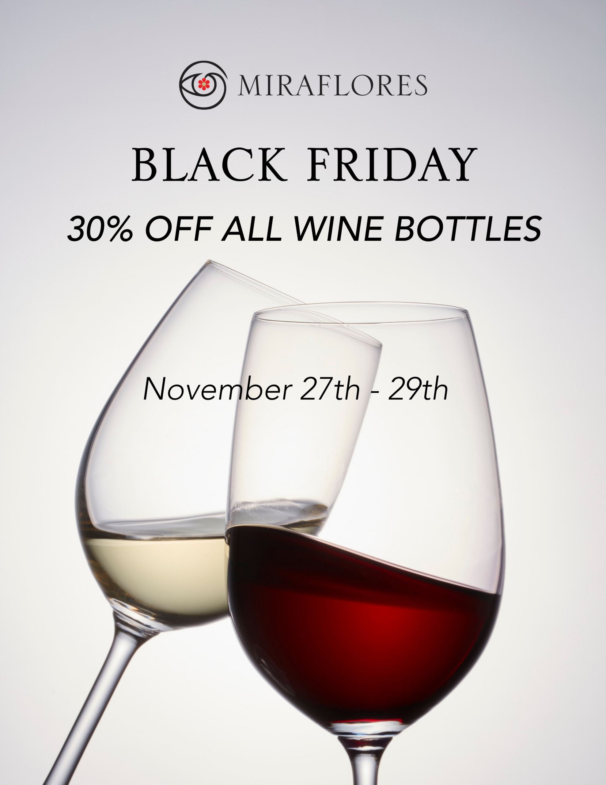 Miraflores Winery Black Friday 2026 sale offering 30% off all wine bottles November 27–29.